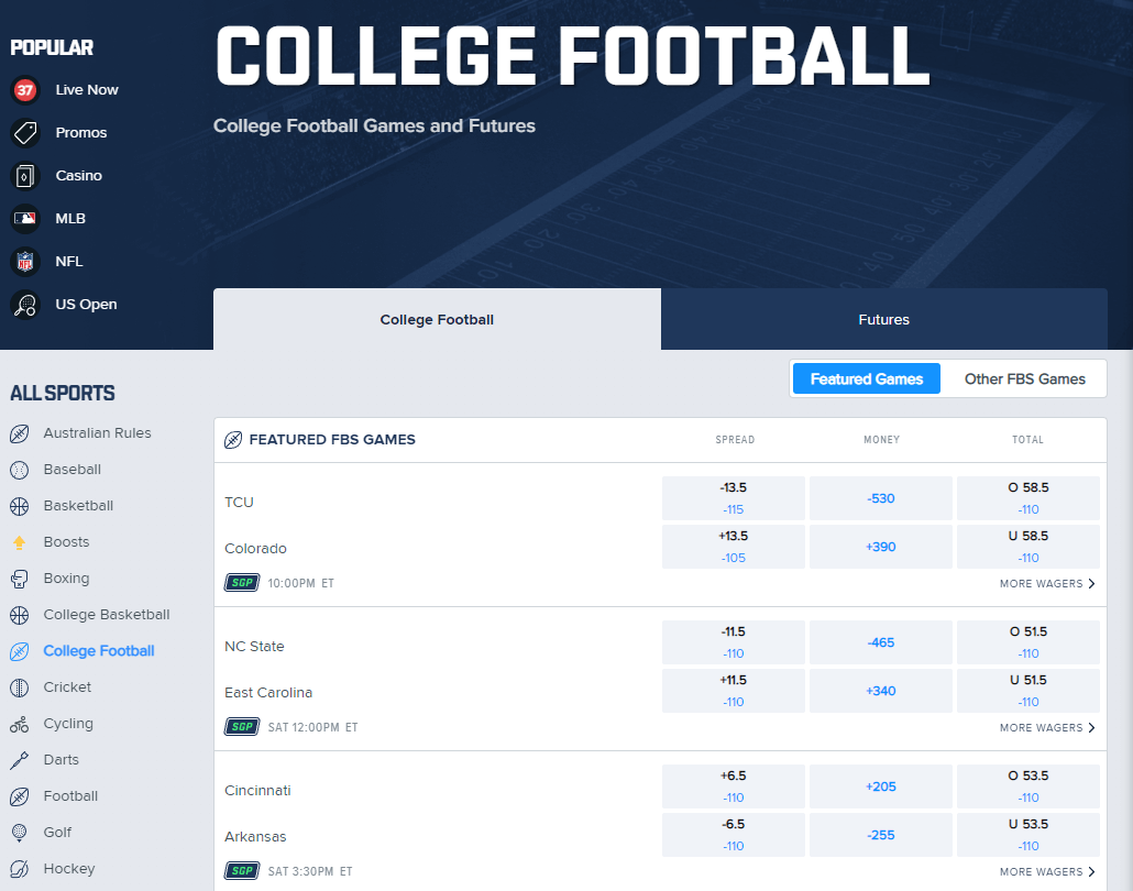 FanDuel College Football screenshot sportsbook
