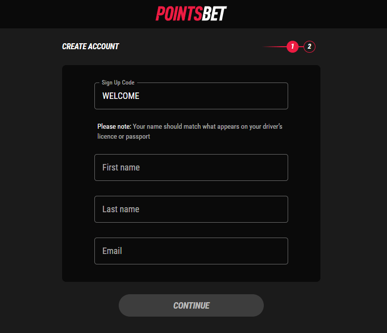 PointsBet Ontario registration webpage