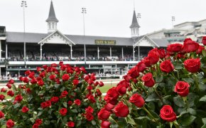 A view of roses from the infield with the twin spires in the background