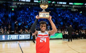 Buddy Hield raises the three-point contest trophy on All-Star Saturday night