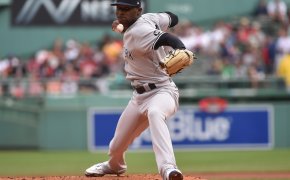 New York Yankees starting pitcher Domingo German throwing to home