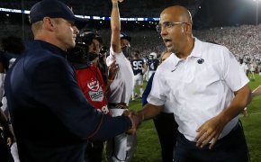 Penn State Nittany Lions head coach James Franklin shakes hands with Auburn Tigers head coach Bryan Harsin