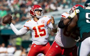 Patrick Mahomes fires a pass versus the Eagles