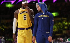 LeBron James talking to Stephen Curry