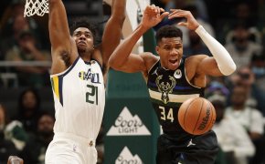 Giannis Antetokounmpo reacts after losing the ball