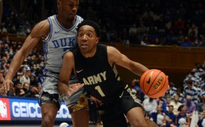 Army Black Knights guard Jalen Rucker drives to the basket