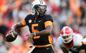 Tennessee quarterback Hendon Hooker lines up a pass during an SEC football game vs Georgia