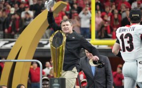 Georgia Bulldogs coach Kirby Smart celebrates winning the National Championship
