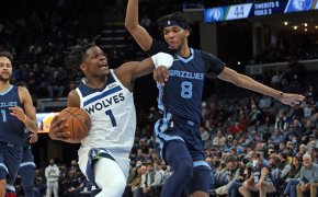 Timberwolves guard Anthony Edwards driving to the basket against the Memphis Grizzlies