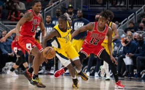 Indiana Pacers guard Caris LeVert dribbling the ball against the Chicago Bulls