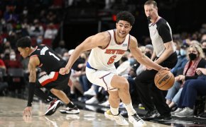 ew York Knicks guard Quentin Grimes steals the basketball during the the second half against Portland Trail Blazers guard Anfernee Simons