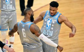 LeBron James and Giannis Antetokounmpo celebrate at the All-Star Game.