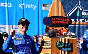 NASCAR Cup Series driver Kyle Larson celebrates a win