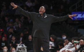 Georgetown Hoyas head coach Patrick Ewing gesturing