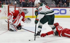 Minnesota Wild Kirill Kaprizov skates in on Detroit Red Wings goaltender Alex Nedeljkovic