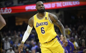 Los Angeles Lakers forward LeBron James reacts in the second quarter against the Cleveland Cavaliers