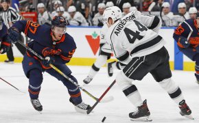 Edmonton Oilers forward Connor McDavid rushing the puck up the ice versus the LA Kings