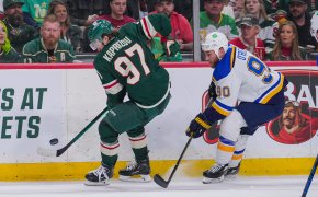 Minnesota Wild left wing Kirill Kaprizov carrying the puck along the boards