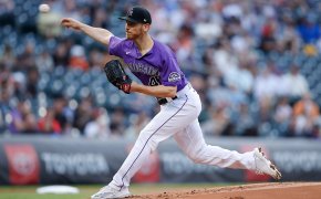 Colorado Rockies starting pitcher Chad Kuhl throwing a pitch