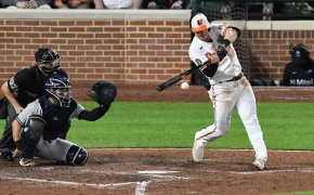 Baltimore Orioles left fielder Austin Hays swinging the bat