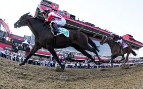 Jose L Ortiz aboard Early Voting wins the running of the 147 Preakness Stakes