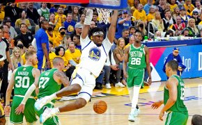 Warriors C Kevon Looney dunks in NBA Finals Game 2.