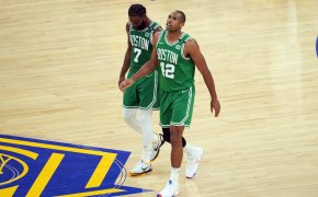 Boston Celtics Al Horford Jaylen Brown on court green jersey