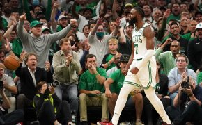 Celtics G Jaylen Brown celebrates during Game 3.