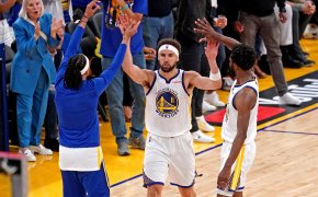 Warriors G Zach Eflin celebrates during Game 5 of the NBA Finals.