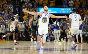 Warriors G Stephen Curry celebrates during Game 5 of the NBA Finals.