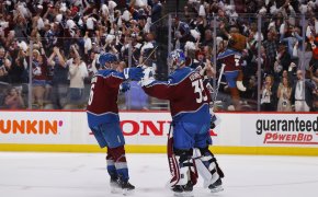 Colorado Avalanche players celebrate after Game 2 of NHL Stanley Cup Finals.