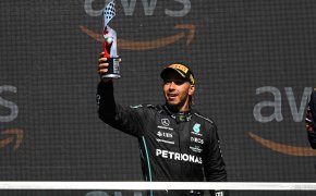 Mercedes driver Lewis Hamilton celebrating a victory