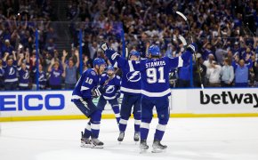 Tampa Bay Lightning players celebrate during Game 3 of NHL Stanley Cup Finals.