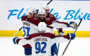 Colorado Avalanche players celebrate during Game 4 of NHL Stanley Cup Finals.