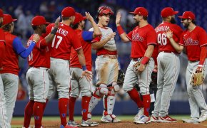 Phillies players celebrate after a series sweep.