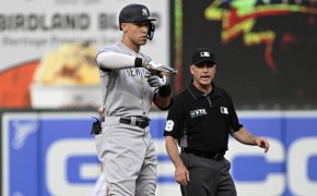 Aaron Judge reacts after reaching second base