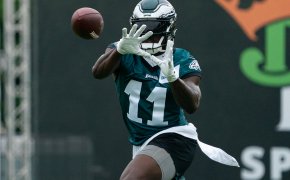 Philadelphia Eagles wide receiver A.J. Brown catching the ball during training camp