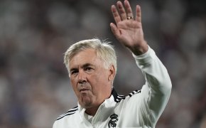 Real Madrid coach Carlo Ancelotti waves to the crowd