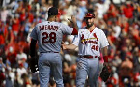 St. Louis Cardinals first baseman Paul Goldschmidt celebrates with third baseman Nolan Arenado