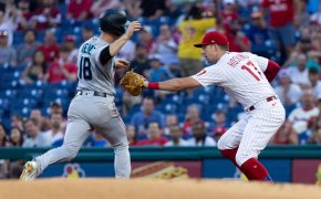 Philadelphia Phillies first baseman Rhys Hoskins tags Miami Marlins second baseman Joey Wendle out at first base