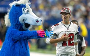 Colts mascot Blue tries to swap jerseys with Tampa Bay Buccaneers quarterback Tom Brady