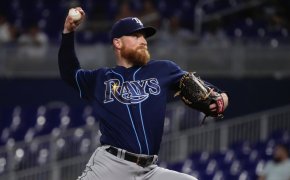 Tampa Bay Rays starting pitcher Drew Rasmussen throwing to home