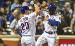 New York Mets right fielder Starling Marte celebrates a homer with first baseman Pete Alonso
