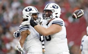 BYU Cougars wide receiver Keanu Hill celebrates a touchdown with his teammates