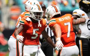 Miami Hurricanes wide receiver Key'Shawn Smith celebrates his touchdown against the Southern Miss Golden Eagles