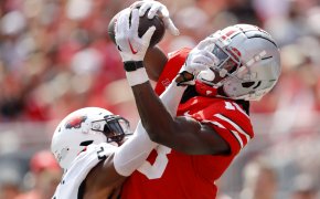 Ohio State Buckeyes wide receiver Marvin Harrison Jr. makes the touchdown catch