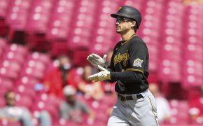 Pittsburgh Pirates designated hitter Bryan Reynolds celebrating a homer
