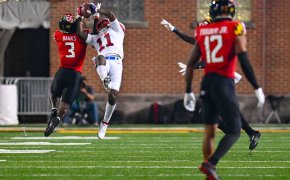 SMU Mustangs wide receiver Rashee Rice catches a pass falling back