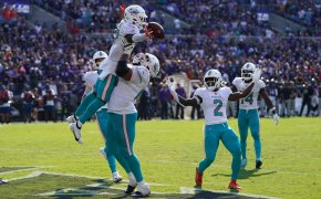 Dolphins players celebrate after a TD
