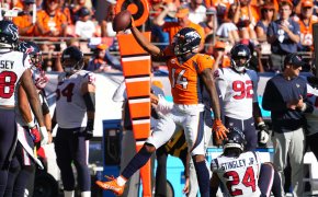 Denver Broncos wide receiver Courtland Sutton reacts to a first down